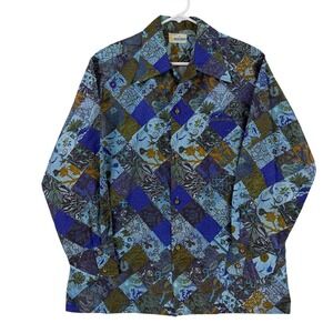 Vintage Andrade Shirt Mens Medium Blue Geo Disco Long Sleeve Button Up Hawaiian